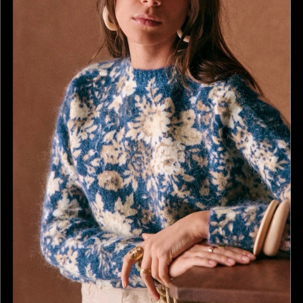 Sezane Blue and Cream Floral Crewneck Sweater